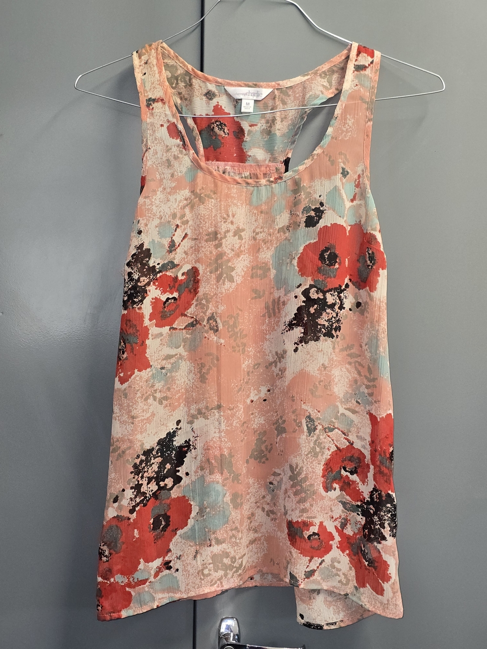 Charming Charlie Coral Floral Tank with Red and Aqua Accents